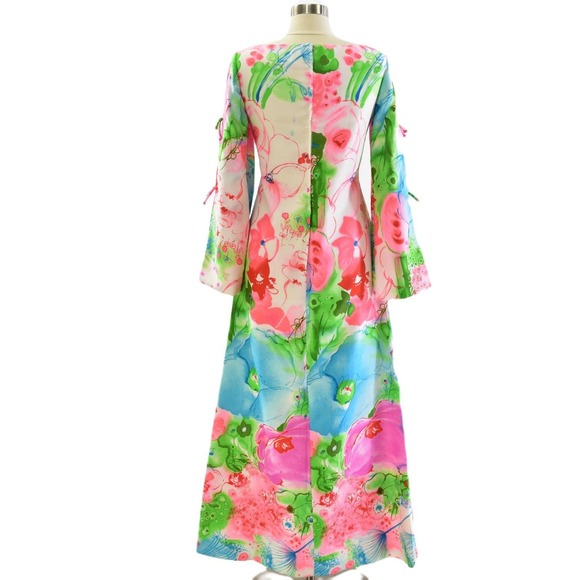 70s Pyschedelic Maxi Dress Boat Neck Bright Pink Tie Sleeves Size S Boho Dresses - Picture 3 of 5